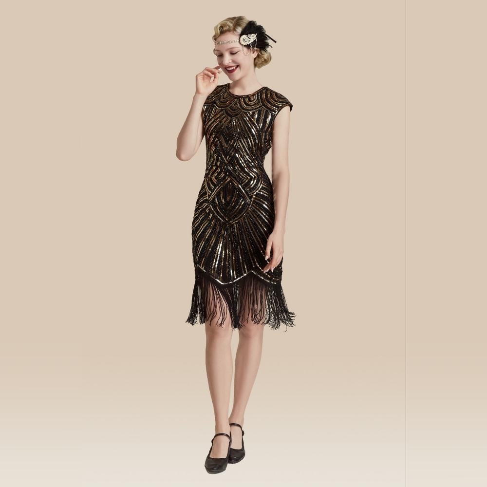 Babeyond 1920s Black and Gold Sequin Beaded Flapper Dress